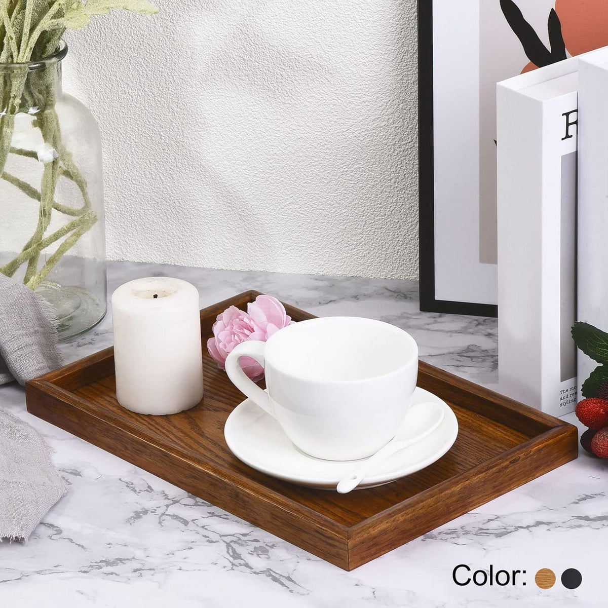 PATIKIL Wood Serving Tray 30x20cm/12x8 Inch Outer Base, Rectangular Decorative Platter for Home Decor Kitchen Table Candle Holder, Brown