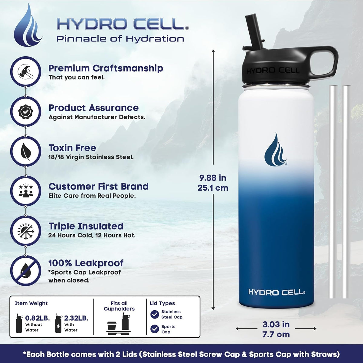 HYDRO CELL Stainless Steel Insulated Water Bottle with Straw - For Cold & Hot Drinks - Metal Vacuum Flask with Screw Cap and Modern Leakproof Sport Thermos for Adults (Navy/White 24oz)