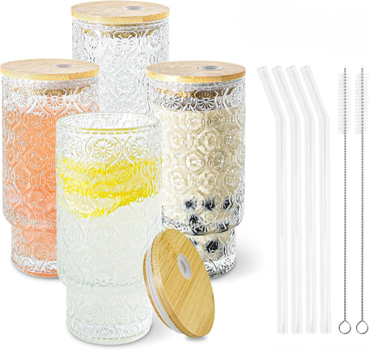 4 Pcs 11oz Drinking Glasses Cups Set with Bamboo Lids Straws Brush Small Embossed Glassware Set for Juice Iced Coffee Cocktail Whiskey(Begonia*4)