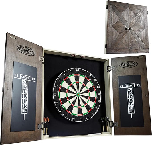 Barrington Dartboard Multiple Styles Pre-Assembled Wood Dartboard Cabinet Collection with 18” Bristle Dartboard & Steel Tip Dart Set, Perfect for Cricket Games