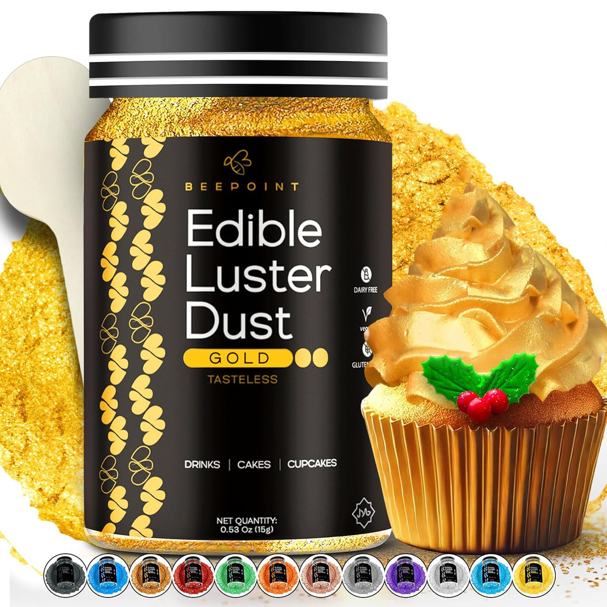 BeePoint Gold Edible Luster Dust 15g - Food Grade, Vibrant Color Shimmer Powdered Dust for Drinks, Cocktails, Cake Decorating, Baking, Chocolates, Candy, Sweets, & Cookies - Vegan & Gluten Free