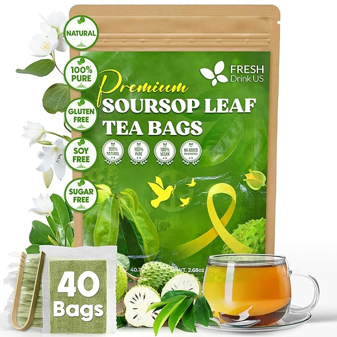 40 Premium Soursop Graviola Leaf Tea Bags, 100% Natural and Pure from Soursop Leaves, Handmade, Made With Natural Materials-Corn Fiber Tea Bag, Sugar/Caffeine/Gluten Free, Hoja Guanabana Tea