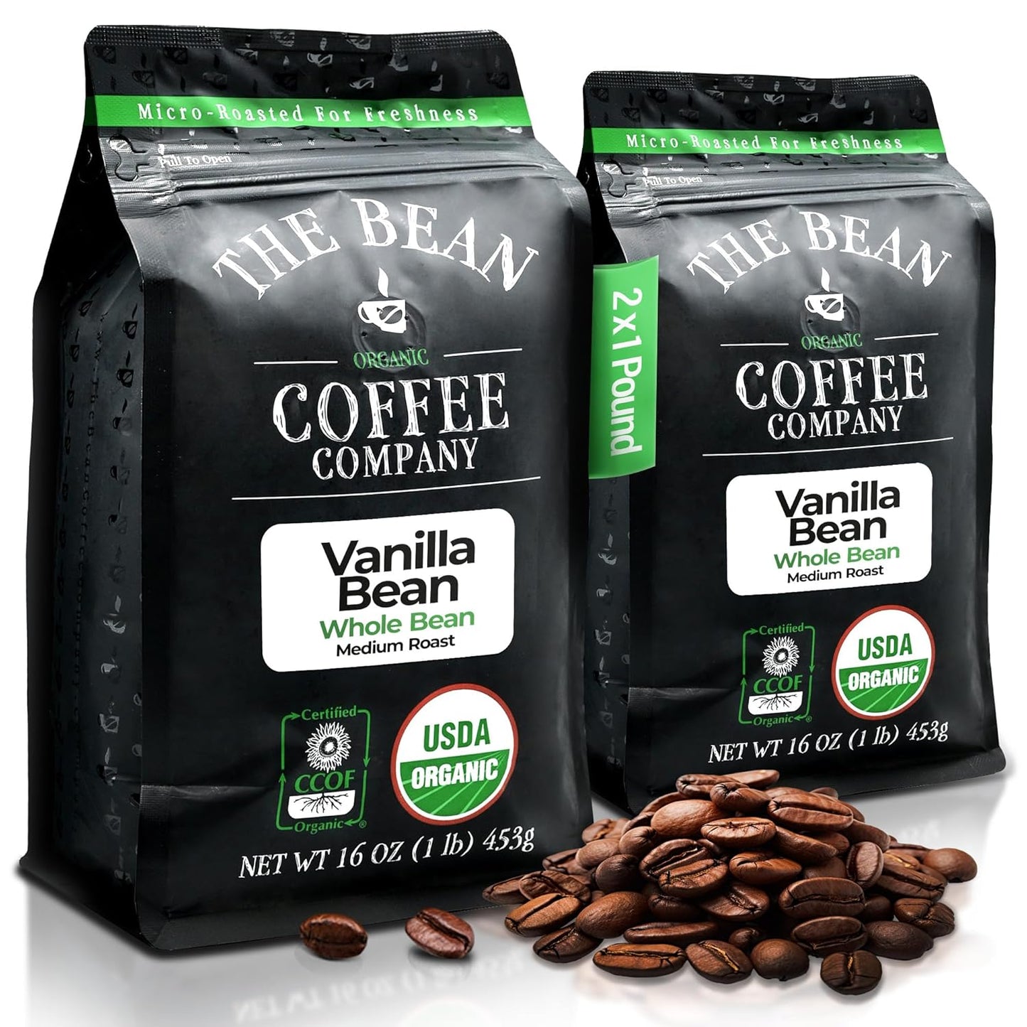 The Bean Organic Coffee Company Vanilla Bean, Medium Roast, Whole Bean Coffee, 16-Ounce Bags (Pack of 2)