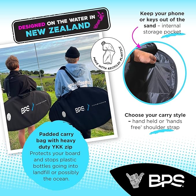 BPS New Zealand ‘Gator Black’ Fiberglass Skimboard with Padded Carry Bag Made from Recycled Plastics Performance Skimboard with Custom Traction Pads for Kids Adults Choose from 3 Sizes