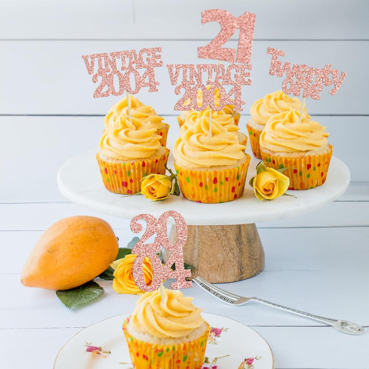 Gyufise 24Pcs 21st Birthday Cupcake Toppers Glitter Twenty-one Vintage 2004 21 Years Birthday Cupcake Picks Cheers to 21 Cake Decorations for Happy 21st Anniversary Party Supplies Rose Gold