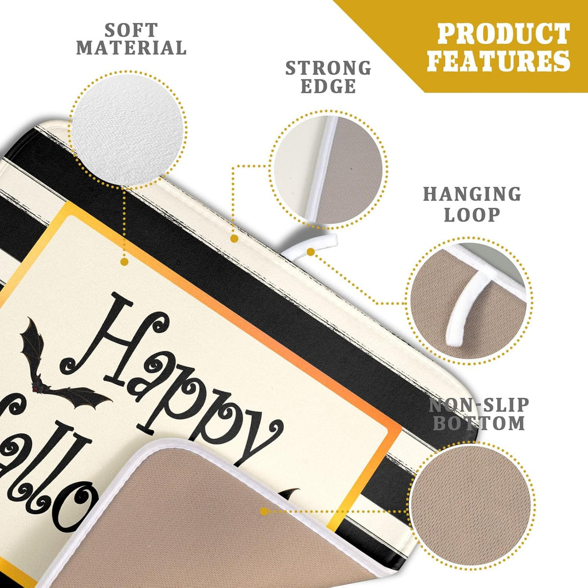 Happy Halloween Bats Dish Drying Mat for Kitchen Counter,Black and White Stripe Drying Mat 16 x 18 Inch with High Absorbent Microfiber Dish Drying Pad Dish Rack Pad Drainer Mat for Coffee Bar