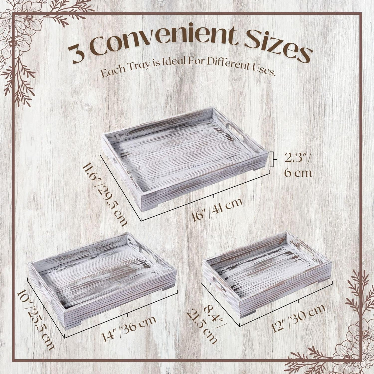 Flexzion Rustic Wooden Serving Tray with Handle - 3-Piece Set of Wooden Trays for Ottomans, Torched Whitewash Nesting Trays for Eating, Decoration, Coffee, Stackable Rectangular Breakfast Trays