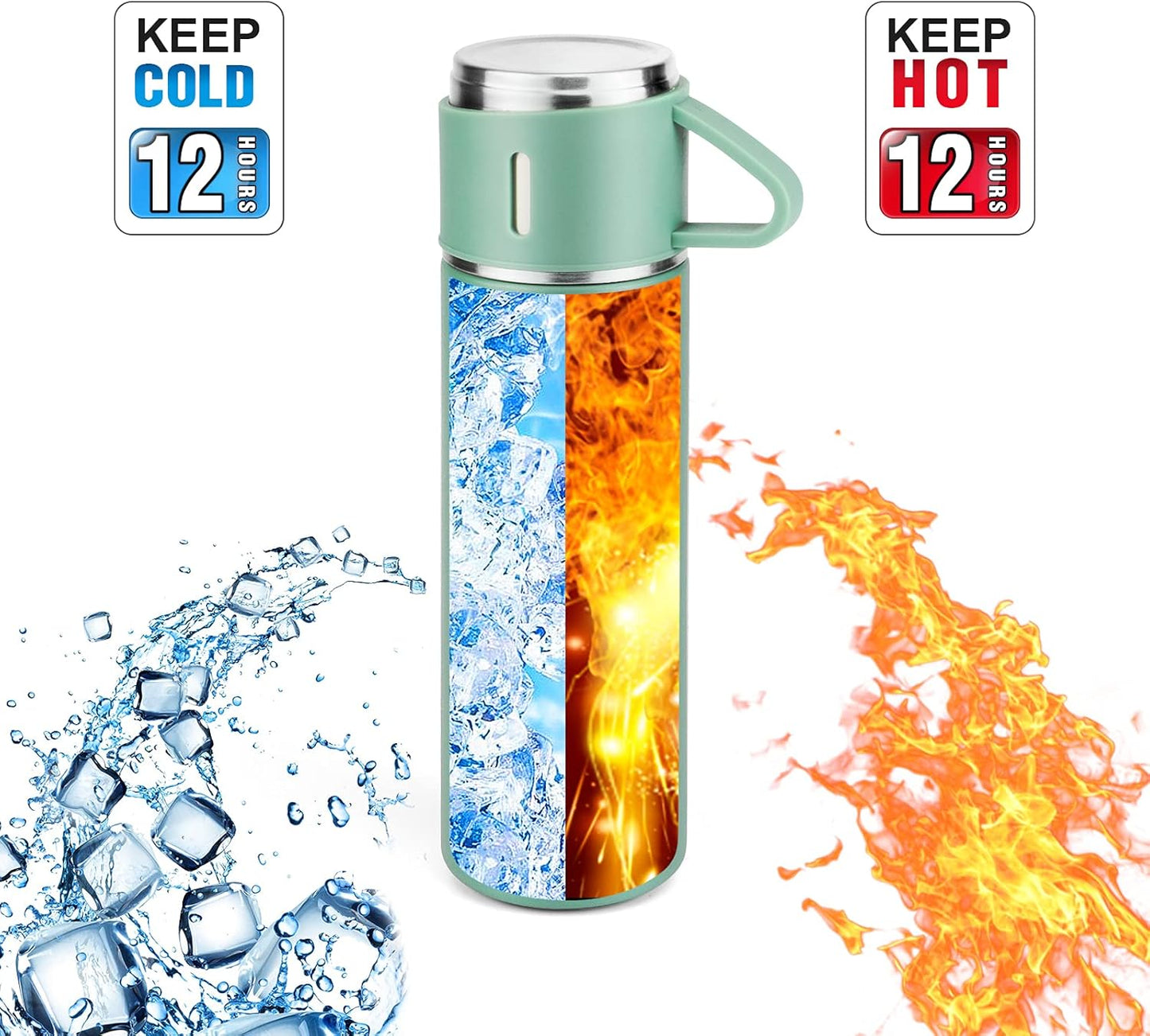 Stainless Steel Thermo 500ml/16.9oz Vacuum Insulated Bottle with Cup for Coffee Hot drink and Cold drink water flask.(Green,Single)