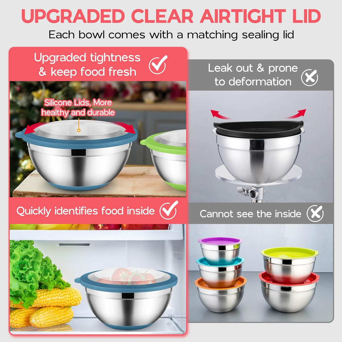 Colorful Mixing Bowl Set of 6 for Kitchen, Large Stainless Steel Metal Nesting Mixing Bowls with Airtight Lids, Non Slip - Size 1, 1.5, 2, 2.6, 3.5, 7QT