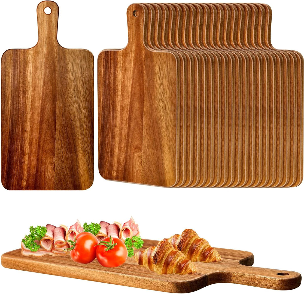 Nuenen 40 Pcs Wood Cutting Board with Handle 15.7 x 7.8 Inch Acacia Bamboo Wooden Serving Kitchen Chopping Boards for Pizza, Bread, Cheese, Charcuterie, Fruit, Vegetables (Acacia)