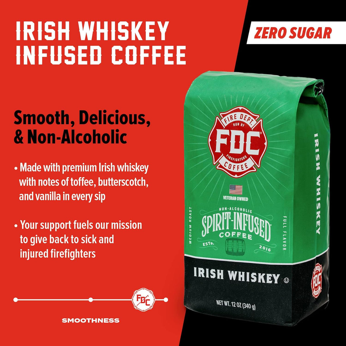 Fire Department Coffee - Gives Back to Firefighters - Irish Whiskey Infused Coffee Beans - Medium Roast - Non-Alcoholic - Roasted in the USA - Veteran Owned (12 oz, Pack of 2)