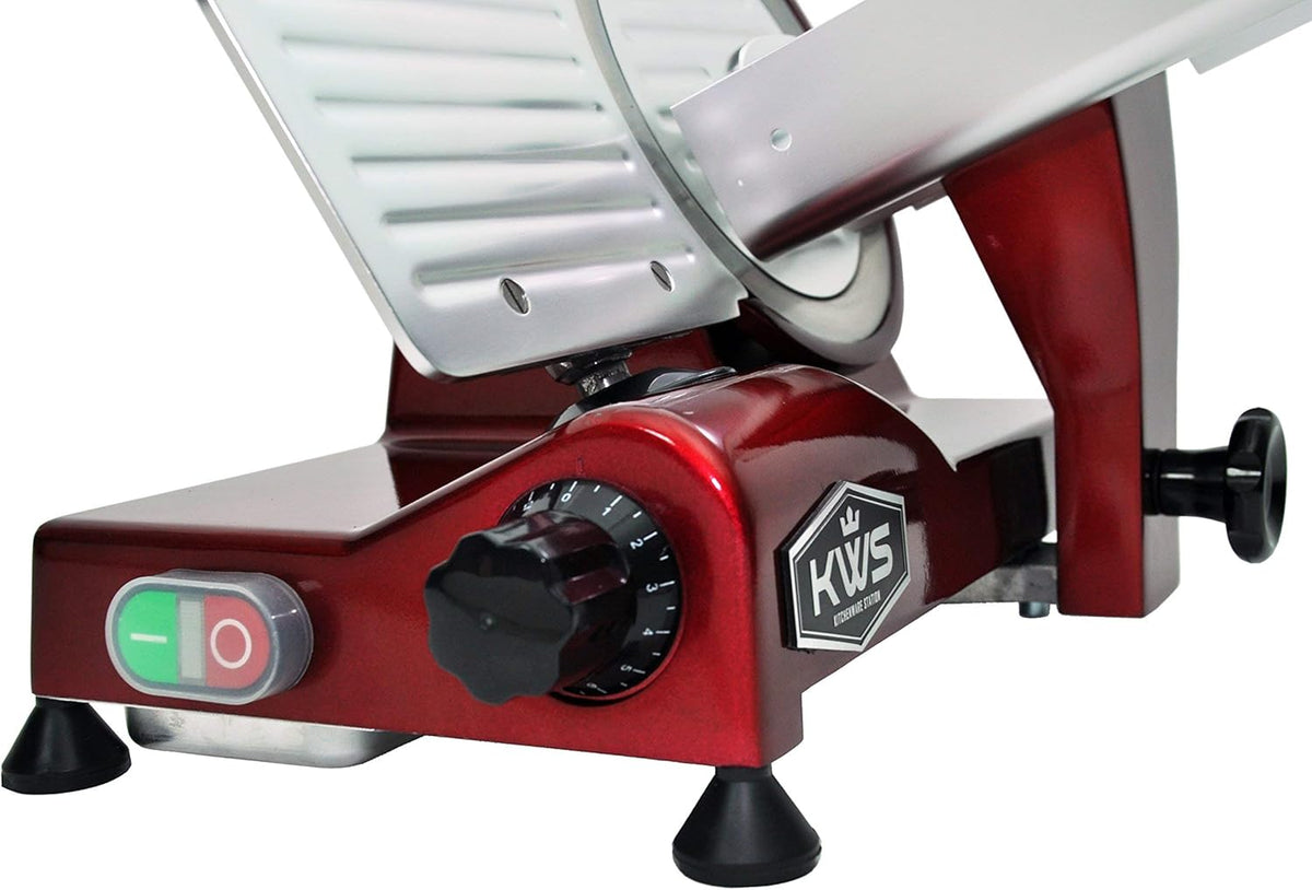 KWS MS-10XT Premium 320W Electric Meat Slicer 10-Inch in Red with Non-sticky Teflon Blade, Frozen Meat/Deli/Cheese/Food Slicer Low Noises Commercial and Home Use [ ETL, NSF Certified ]