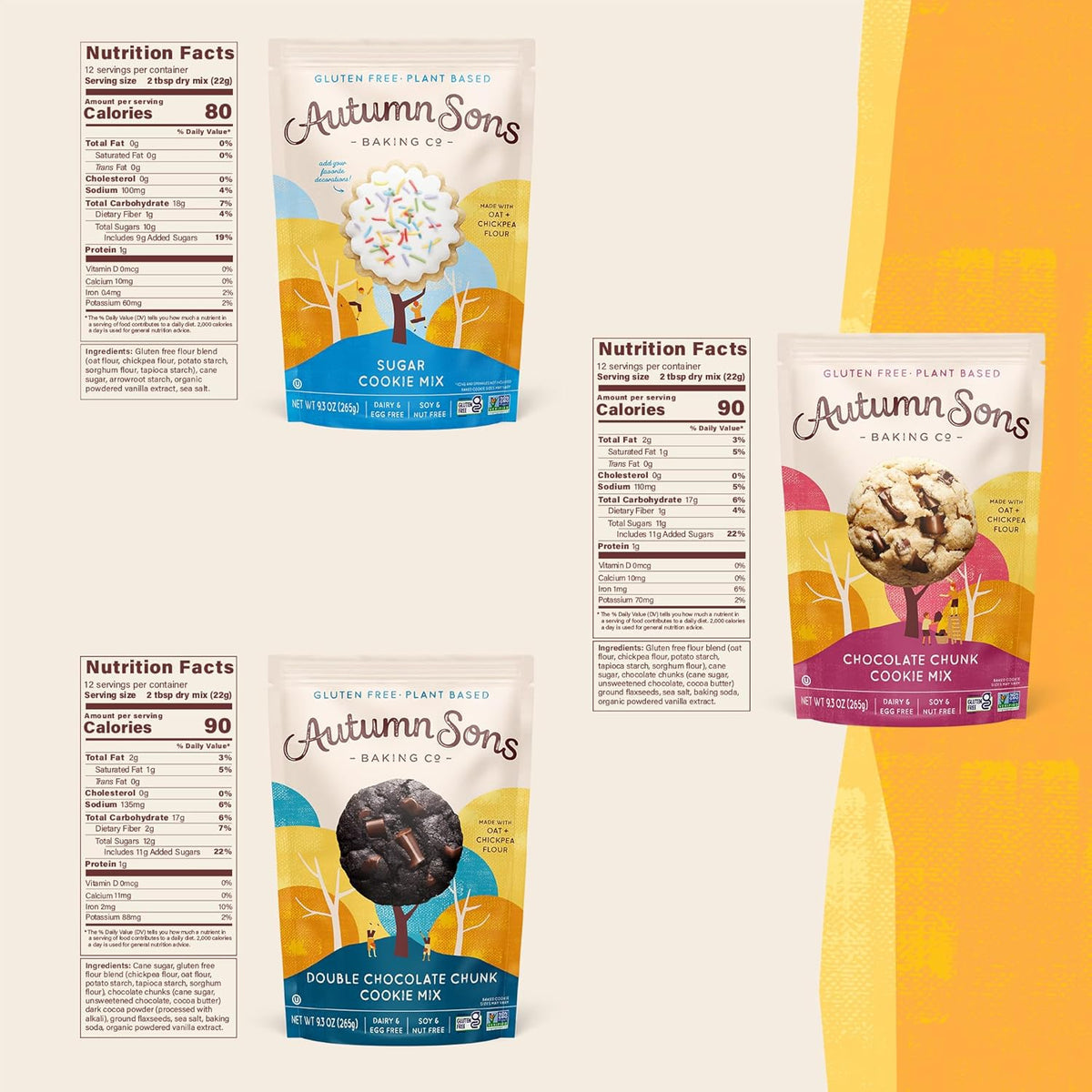 Autumn Sons Baking Co. Gluten Free Cookie Mix Variety Pack. Sugar Cookie, Chocolate Chunk & Double Chocolate Chunk. Vegan Plant Based Baking Mix. Free From 11 Common Allergens. 9.3 oz (Pack of 3)