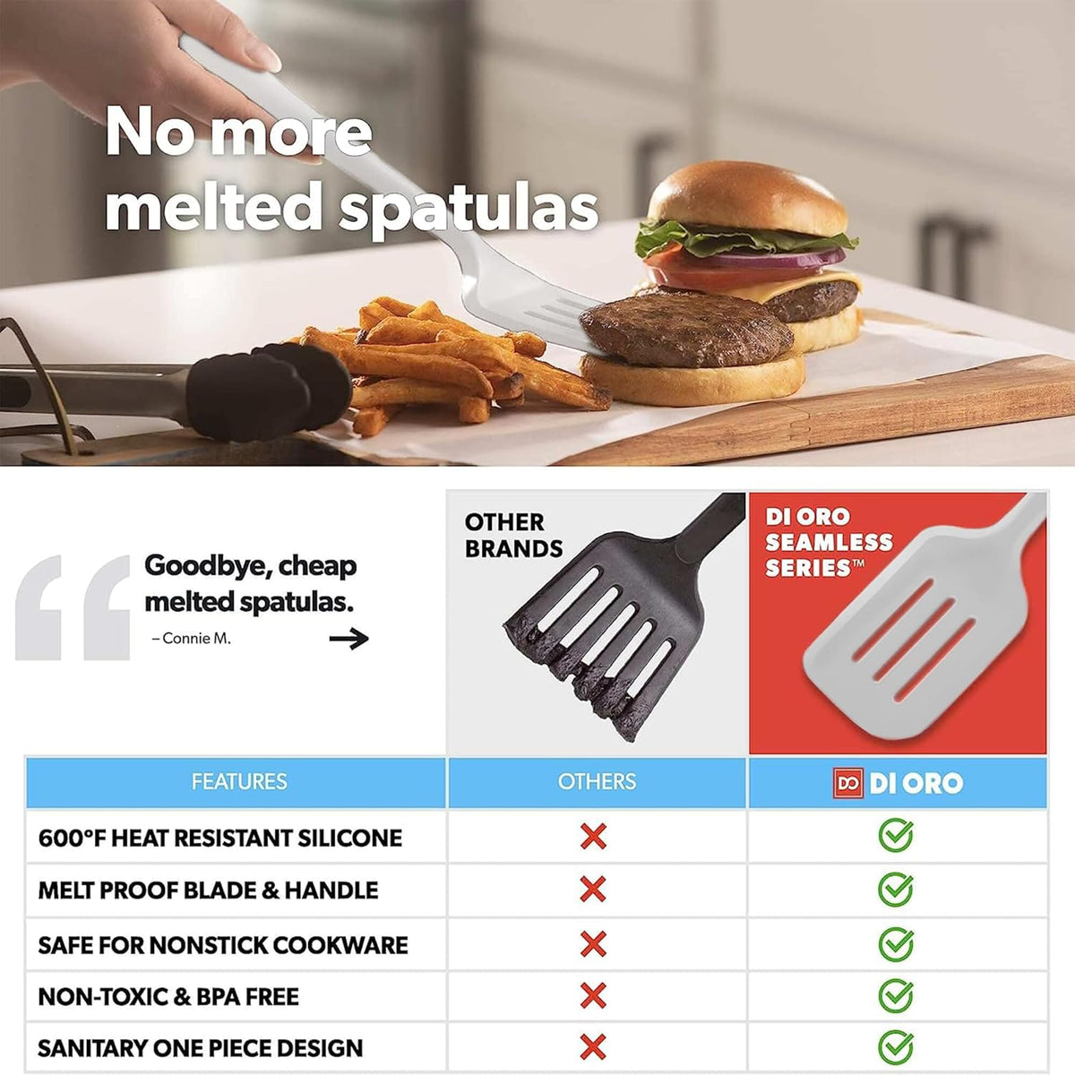New DI ORO Seamless Series Moda 4-Piece Silicone Turner Spatula Set - 600°F Heat-Resistant Flexible Kitchen Spatulas for Nonstick Cookware - Flippers for Eggs & Pancakes - Utensils for Cooking (Stone)
