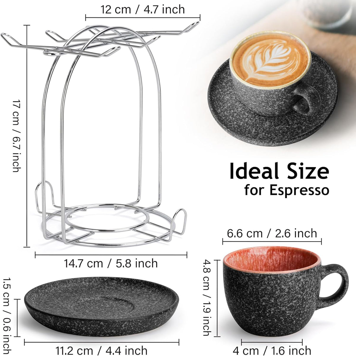 MIAMIO – 2.7 Oz Ceramic Stackable Espresso Cups with Saucers and Metal Stand, Set of 6 Espresso Cup, Demitasse Cups, Coffee Mugs for Espresso, Latte, Café Mocha & Tea – Las Palmitas Collection