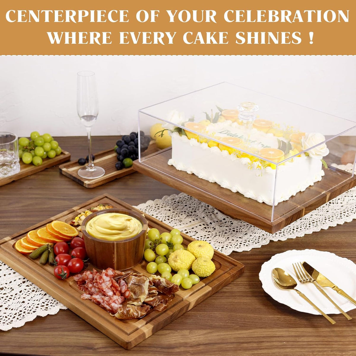 Acacia Wood Cake Stand with Lid - 15" Rectangular 2-in-1 Serving Board & Dessert Display, Shatterproof Acrylic Cake Dome Cover(5.1" high), Charcuterie Platter for Cheese, Fruit, Appetizers (15 inch)
