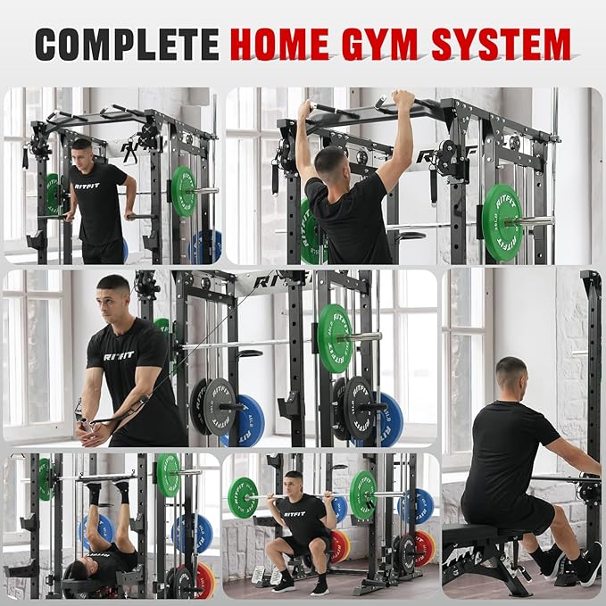 RitFit Buffalo Smith Machine, Power cage with LAT-Pull Down System & Cable Crossover System, All-in-One Squat Rack for Home Gym, Power Rack