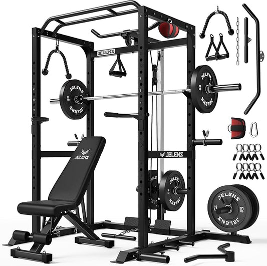 S21 Power Cage, Multi-Function Power Rack with Adjustable Cable Crossover System, 2000LBS Squat Rack for Home Gym with More Training Attachments