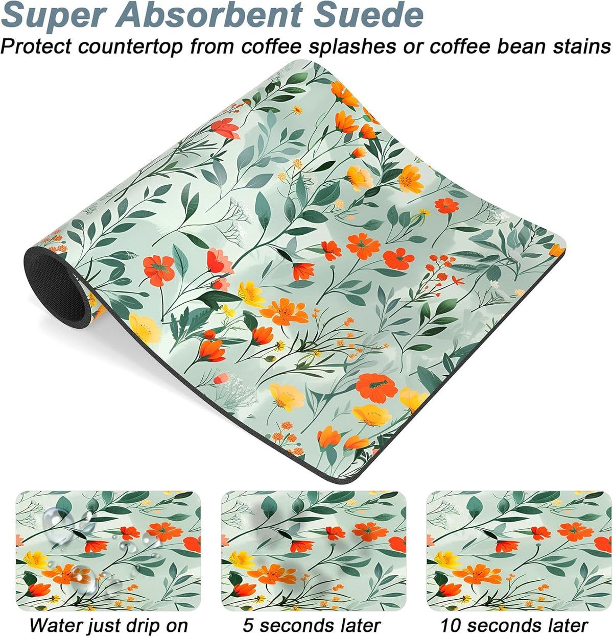 Rnivvi Coffee Mat, 12" x 19" Cute Coffee Bar Mats for Espresso Machine Station Accessories and Organizer, Hide Stain Rubber Backed Absorbent Dish Drying Pad for Kitchen Counter, Abstract Flowers