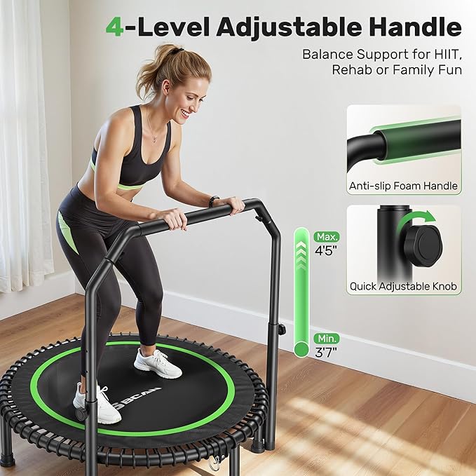 BCAN 40"/48" Rebounder Trampoline for Adult, 450/550LBS Fitness Trampoline with Bungees, Adjustable Handle, Stable & Quiet, Indoor Outdoor, Whole-Body Workout & Relaxation at Home for Women/Men
