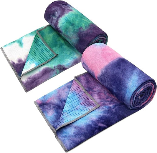 Eunzel 2 Pack Yoga Towel,Hot Yoga Mat Towel with Grip Dots Sweat Absorbent Non-Slip for Hot Yoga, Pilates and Workout 24" x72，Purple & Blue/Green & Purple (2 Pack)