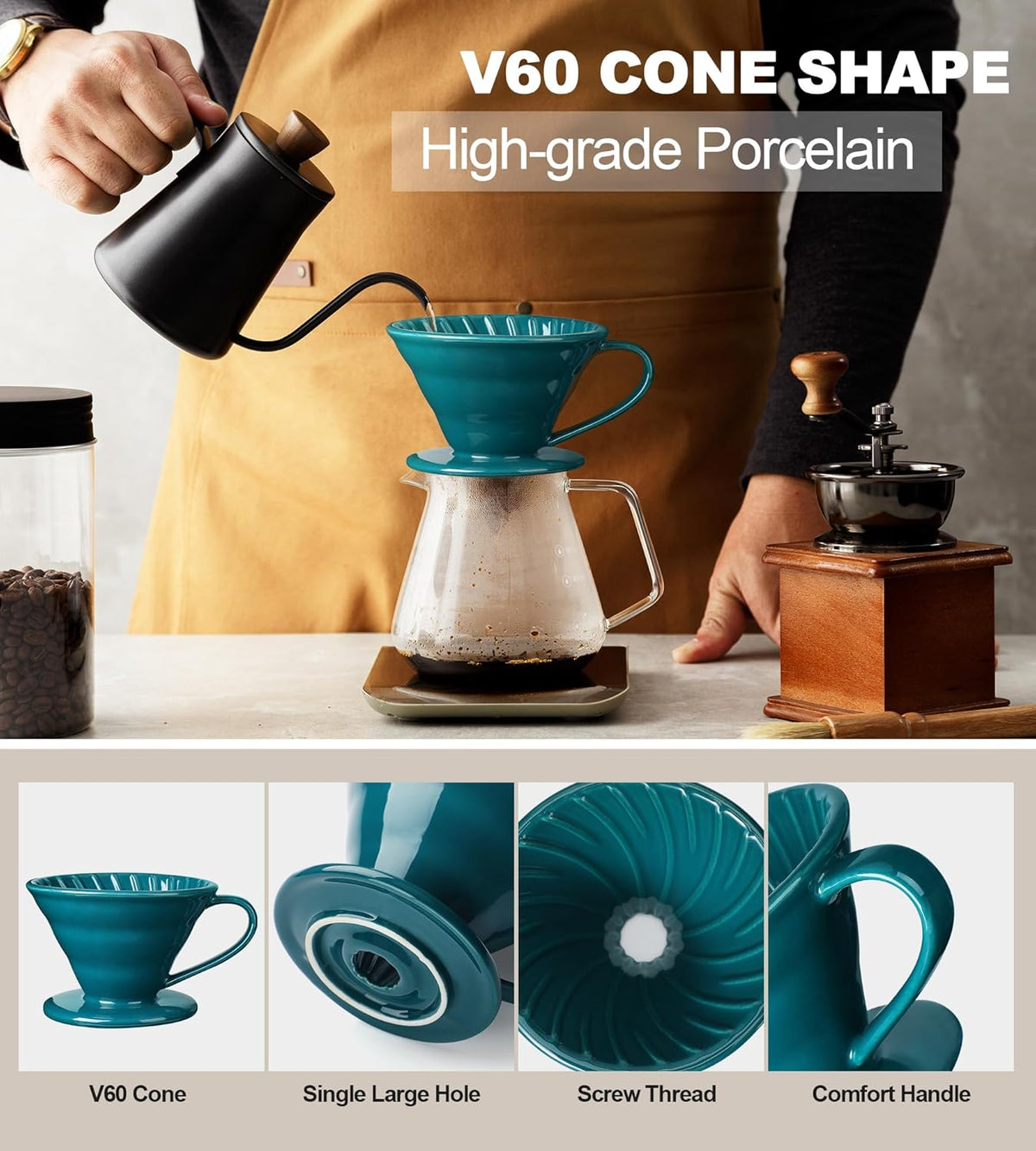 Pour Over Coffee Dripper - Ceramic Pour Over Coffee Maker Cone, Porcelain Coffee Drip, Pour Over Single Cup, Manual Brew Maker for Home, Cafe, Office - 1-4Cup, V60 Size 02 (Dark green)