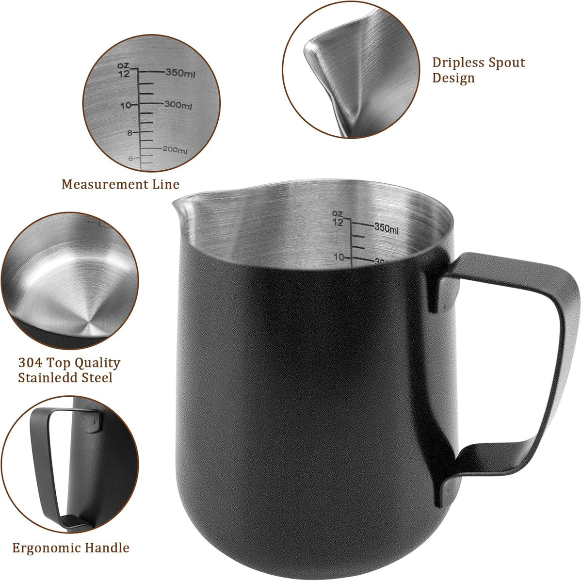 12oz/350ml Matte Black Milk Frothing Pitcher, Stainless Steel Espresso Latte Cup Steaming Pitcher Creamer Cup, Milk Frother Cup Espresso Machine Accessories Barista Tools Jug for Coffee Cappuccino