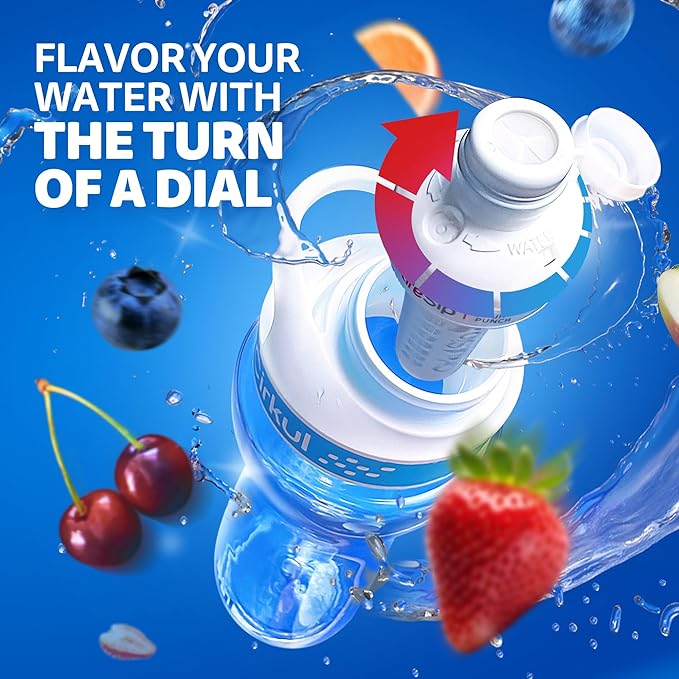 Cirkul 12oz. BPA-Free Plastic Water Bottle Starter Kit for Kids with Blue Lid, 2 Flavor Cartridges (1 LifeSip Fruit Punch, 1 FitSip Mixed Berry), No Sugar, Zero Calorie Drink Mix