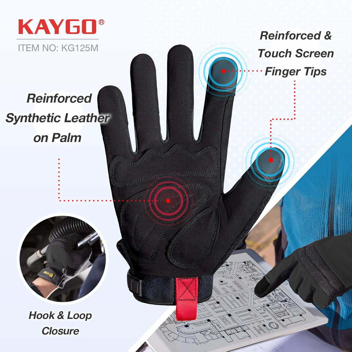 KAYGO Work Gloves For Men, 3 Pairs KG125M Mechanic Utility Work Gloves for All Purpose, Excellent Grip, Heavy Duty, Improved Dexterity, Touch Screen,Black,Medium