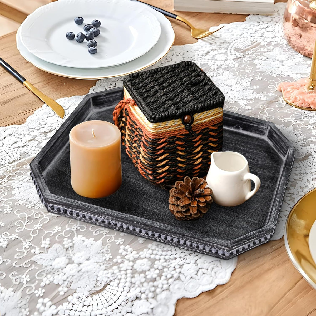 Decorative Coffee Table Serving Tray, Long Octagonal Black Wood Tray with Wooden Bead, Farmhouse Big for Ottoman Table, Countertop, Home Decor, 16.5"x13"x1.6" (Retro Black)