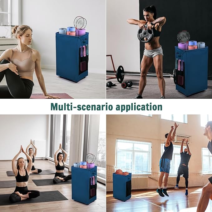 Yoga Mat Storage Racks, Home Gym Storage Rack with Wheels, Yoga Mat Holder Side 2 Mesh Pockets, Yoga Storage Basket Holds 4 Yoga Mats, 2 Foam Rollers, 6 Resistance Bands