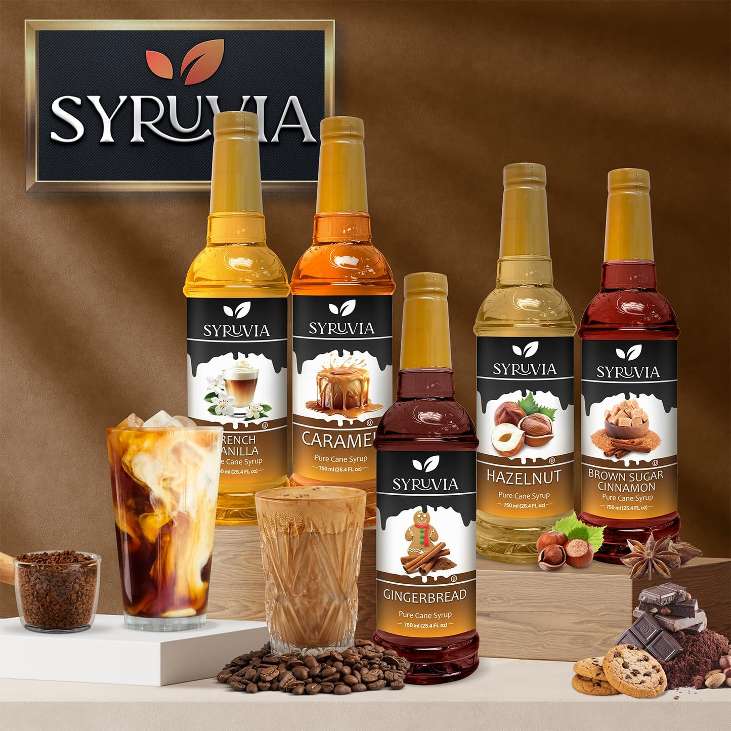 Syruvia Caramel Pecan Coffee Syrup - 25.4 fl oz. Kosher, and Gluten-Free. Ideal for Enhancing Drinks, Sodas, Shakes, Desserts, and More.