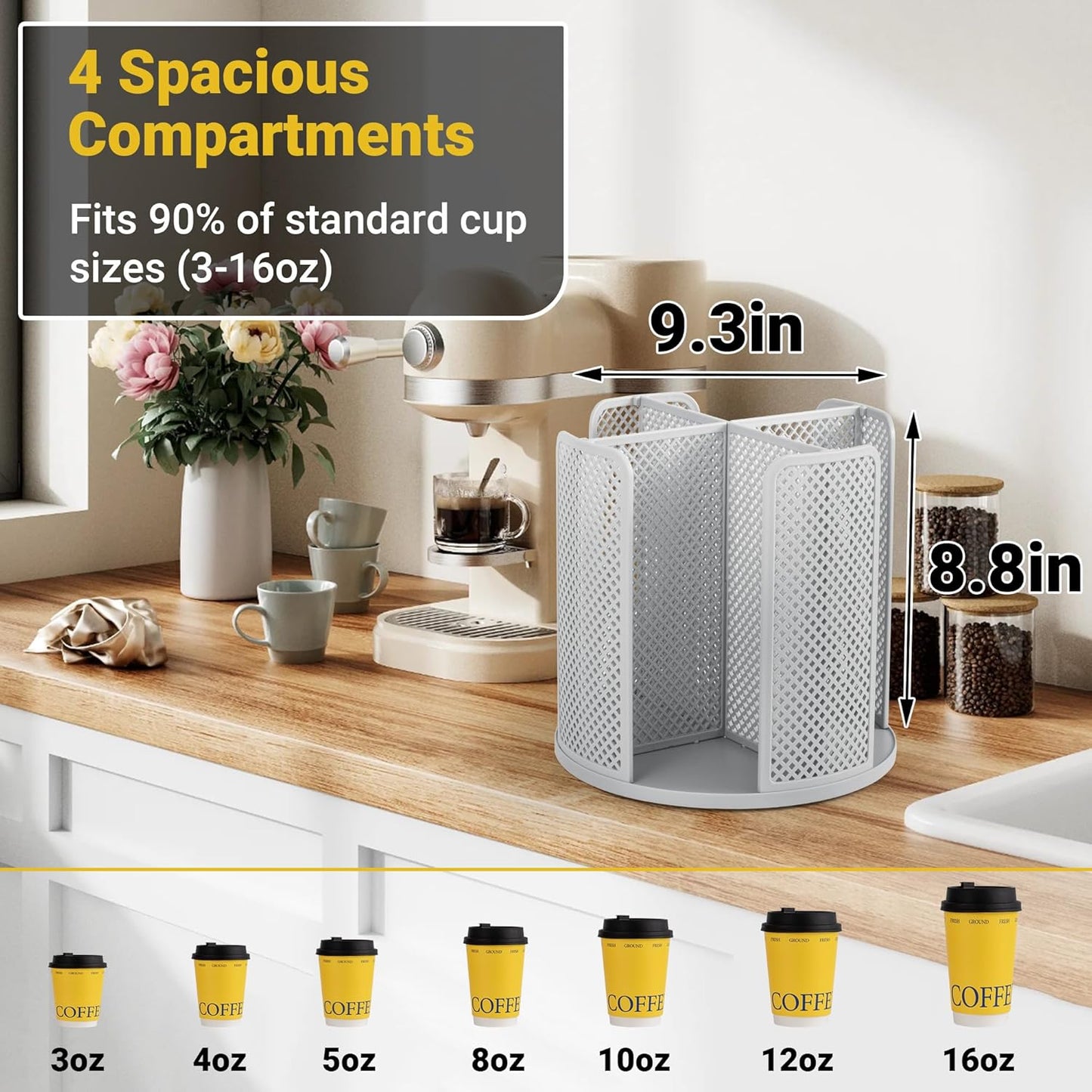4-Compartment Rotating Paper Cup Holder & Coffee Cup Lid Storage Dispenser, Plastic Cup Dispenser Removable, Space-Saving Countertop Cup Holder for Coffee Bars, Kitchens (Grey)