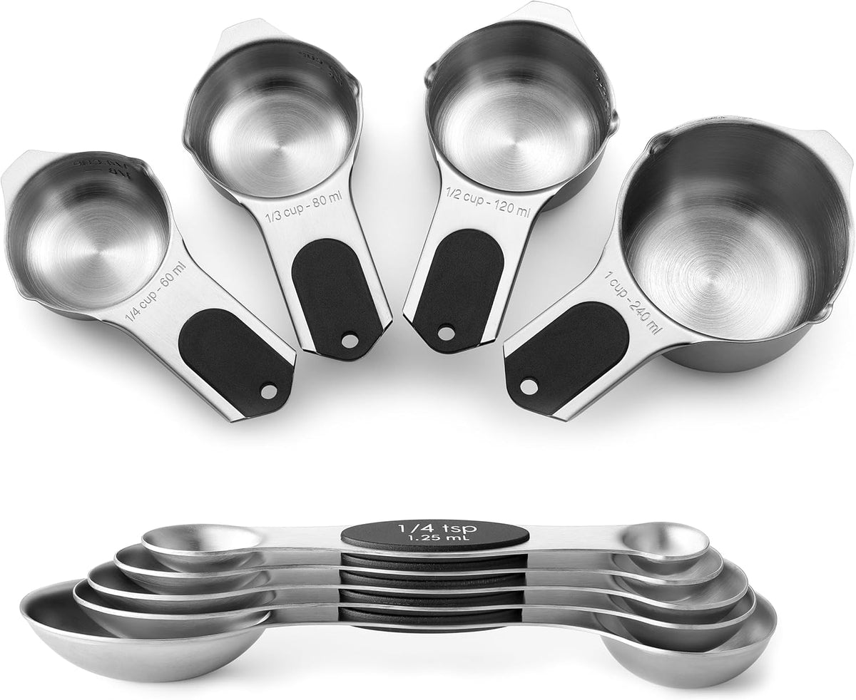 Spring Chef Magnetic Measuring Cups & Spoons Set (Patent Pending), Strong N45 Magnets, Heavy Duty Stainless Steel Fits in Spice Jars for Baking & Cooking, BPA Free, Round Set of 9, Black