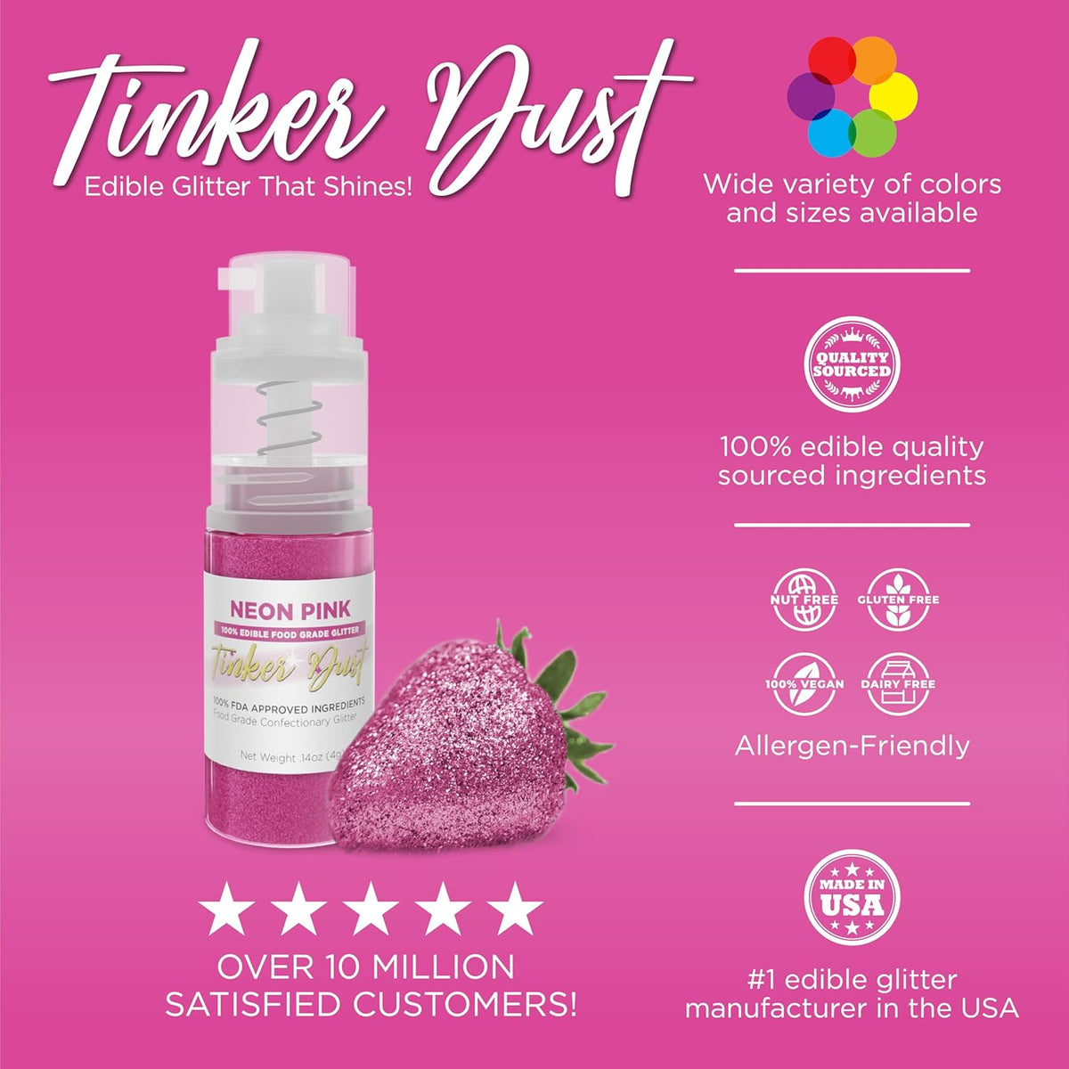 Bakell - Neon Pink Tinker Dust (4g, 1x Mini Spray Pump) Edible Glitter for Food, Desserts, and Beverages!