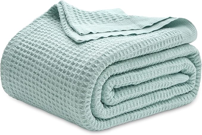 Bedsure 100% Cotton Blanket Queen Size for Bed - Breathable and Soft, Waffle Weave Blanket for Summer, Thick Cozy Fall Blankets for Women Gift, Mint, 90x90 Inches