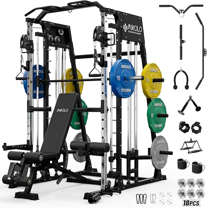 Mikolo Smith Machine, 2200lbs Squat Rack with LAT-Pull Down System & Cable Crossover Machine, Training Equipment with Leg Hold-Down Attachment