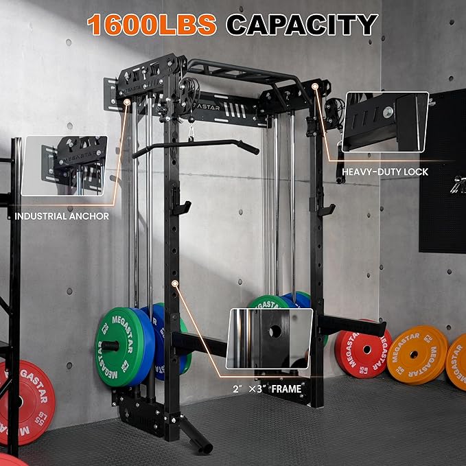 Wall Mounted Power Rack – 1600LB Capacity Compact Commercial Home Gym with Dual Cable Crossover, LAT Pulldown, Multi-Grip Pull-Up Bar & Landmine Attachment for Small Spaces, P67 Striker Red