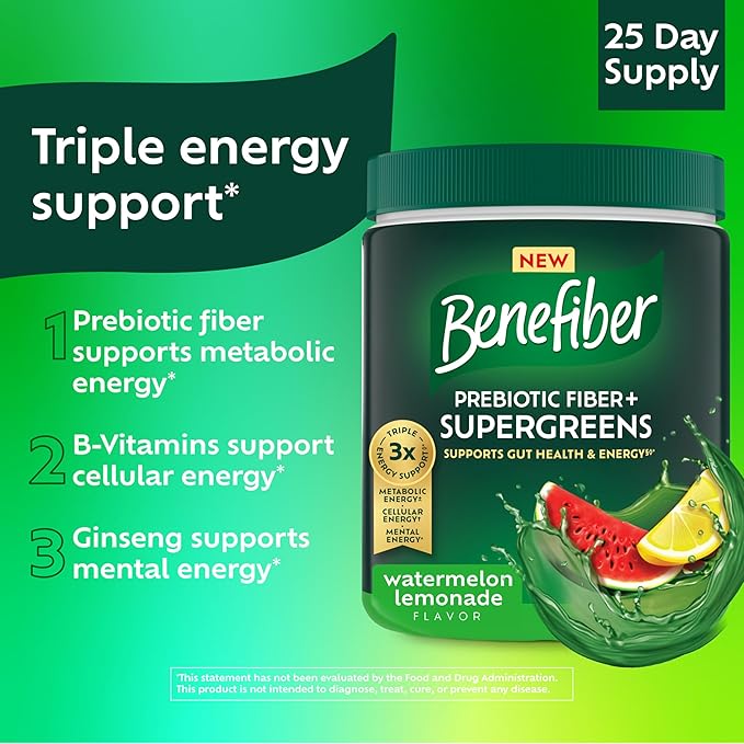 Benefiber Prebiotic Fiber + Supergreens Dietary Supplement Powder, Watermelon Lemonade Flavor, 8.8 oz (250g), 25 Day Supply