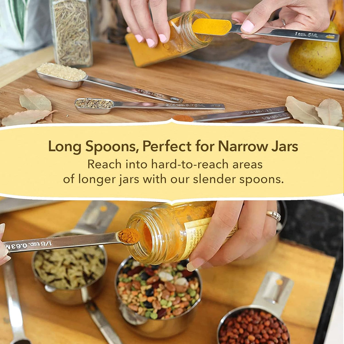 Simply Gourmet Measuring Cups and Spoons Set of 12 – 18/8 Stainless Steel Kitchen Gadgets – Stackable Design with Long Handle Spoons – Fits in Jars – Cooking & Baking Measuring Set for Dry & Liquid