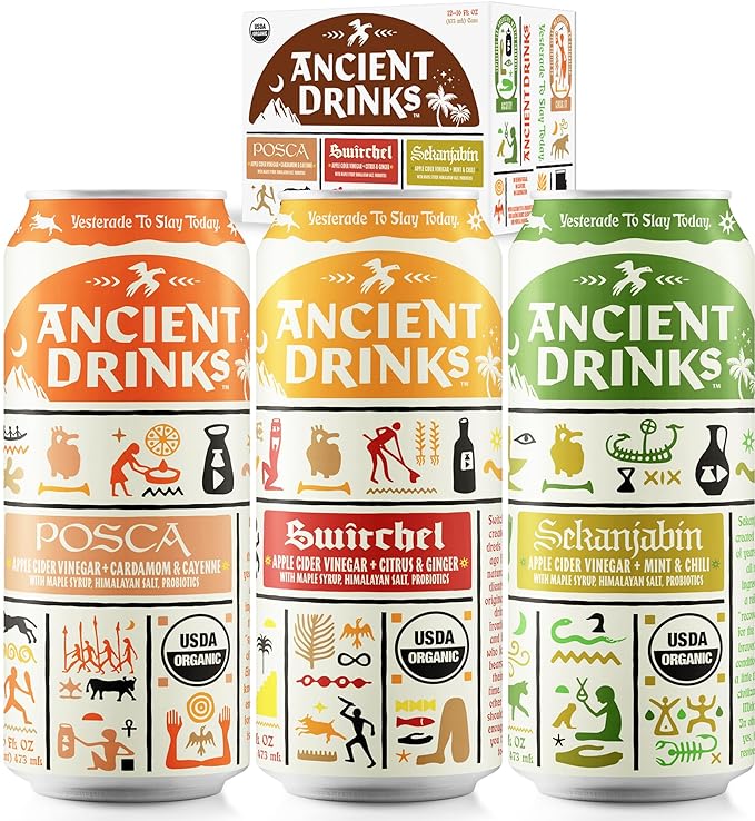 ANCIENT DRINKS Apple Cider Vinegar Beverage with Electrolytes, Vitamins, & Probiotics, Organic, Super-Hydrating Sports Drink - Mixed Pack (Posca, Switchel, Sekanjabin) - 16 fl oz (12 cans)