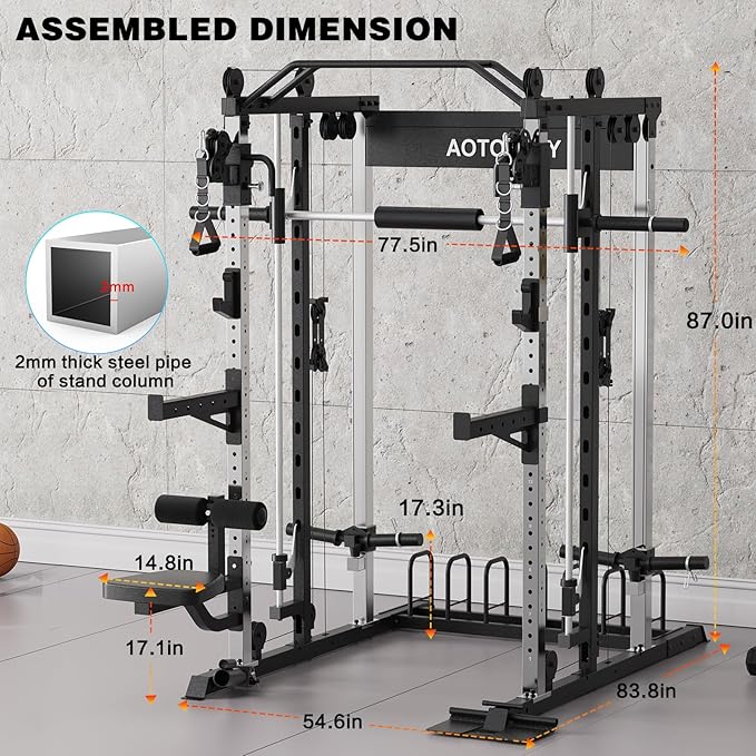 Smith Machine Strength Training Squat Rack with Smith Bar, Power Cage with LAT Pull-Down Systems, Cable Crossover Machine for Home Gym and More Training Attachment