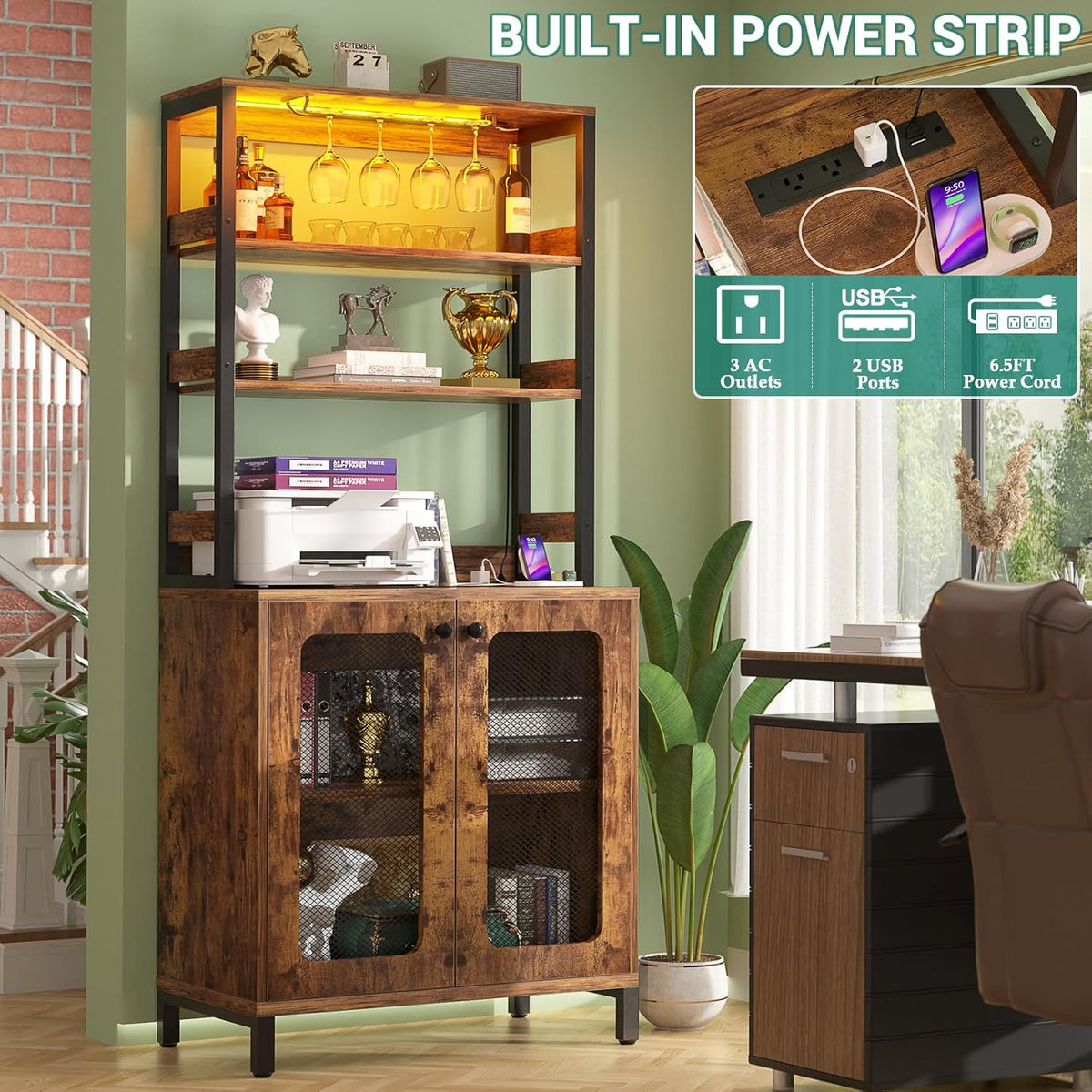 Aheaplus Bar Cabinet with Power Outlets, 67" Tall Wine Bar Liquor Cabinet with LED Lights & Glass Holder, Coffee Bars Station for Living Room, Microwave Stand Bakers Rack Cabinets, Rustic Brown