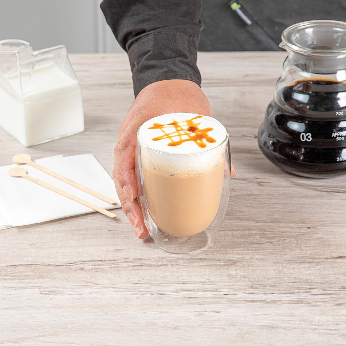 Restaurantware-Forma Professional 11.8 Ounce Double Wall Coffee Cups, 2 Insulated Latte Glasses - Dishwashable, Reusable, Clear Glass Beverage Cups, Freezable, For Hot Or Cold Beverages