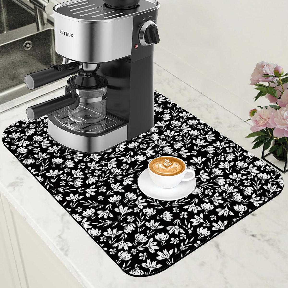 Black and White Flowers Dish Drying Mat for Kitchen Counter Coffee Bar Mat Hide Stain Absorbent Rubber Backed Drying Rack Pad Espresso Machine Coffee Bar Accessories 11.8 x 19.7 Inch