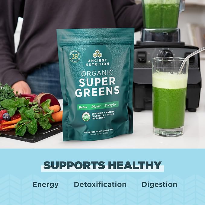Ancient Nutrition Super Greens Powder, Organic Superfood Powder with Probiotics Made with Spirulina, Chlorella, Matcha, and Digestive Enzymes, 50 Servings, 14.1 oz