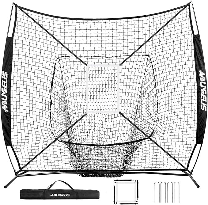7'X7' Baseball Softball Practice Net,Pitching Net,Batting Net,with Baseball Tee,Bonus Strike Zone and Bow Frame,for Hitting,Pitching, Catching