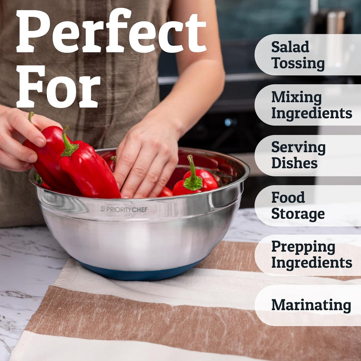 Priority Chef 6Pc Large Mixing Bowls With Lids Set with Non-Slip Bases, Stainless Steel Mixing Bowl Set, 6 Airtight Lids and 3 Graters, Blue