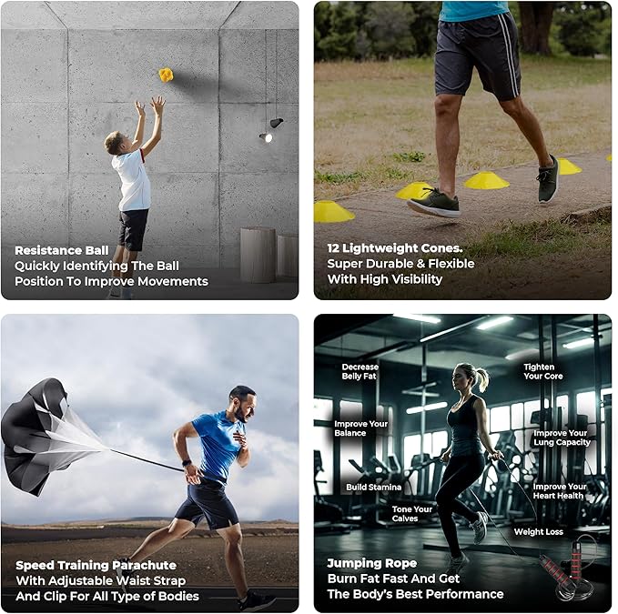 Agility Ladder Speed Training Equipment Set-2x 20ft Agility Ladder,12 Soccer Cones,4 Adjustable Hurdles, Jump Rope, Running Parachute| Basketball Football Soccer Training Equipment for Kids Adults