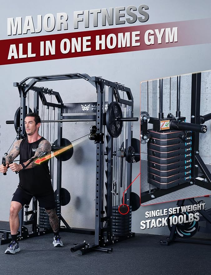 Major Fitness Drone2 Advanced Training Smith Machines– All-in-One Home Gym Squat Rack with Aluminum Pulley Set , Weight Bar, Dual LAT Pull-Down Systems & Cable Crossover Machine for Full-Body Workouts